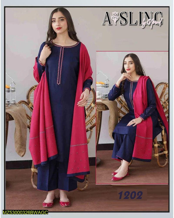 3 Pcs Women's Unstitched Dhanak Embroidered  Suit